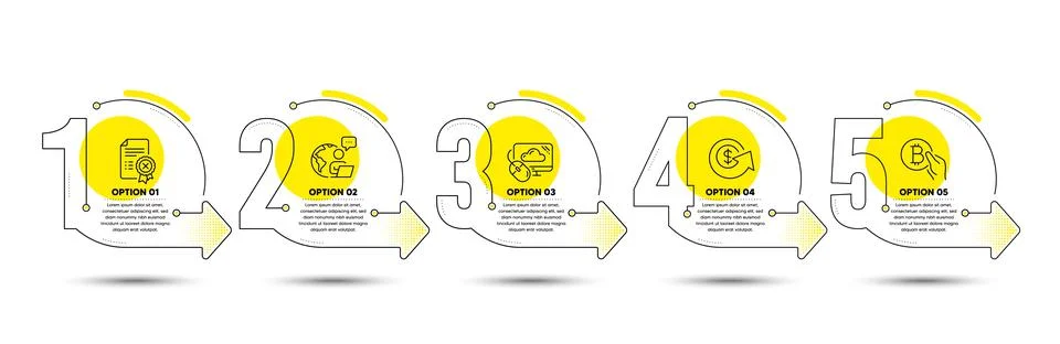 Reject certificate, Cloud computing and Bitcoin pay icons set. Dollar exchange Stock Illustration