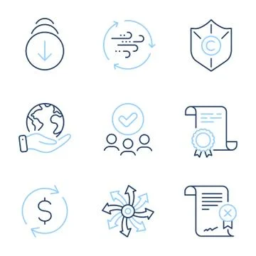 Reject certificate, Scroll down and Wind energy icons set. Vector Stock Illustration