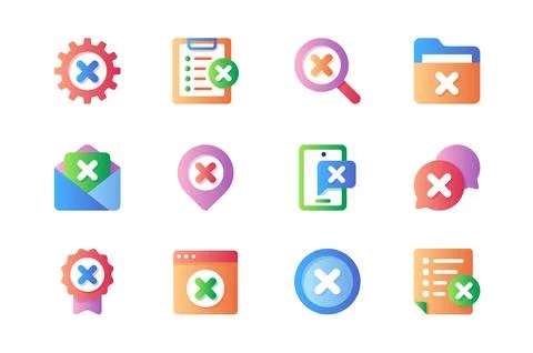Reject icons set in color flat design. Pack of error gear, stop list, error s Stock Illustration
