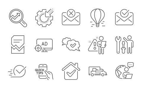 Reject mail, Analytics and Seo gear icons set. Corrupted file, Approved mail and Stock Illustration