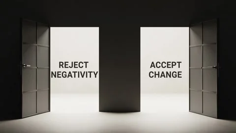 Reject negativity, accept change concept animation, two opening doors revealing Stock Footage 319379314