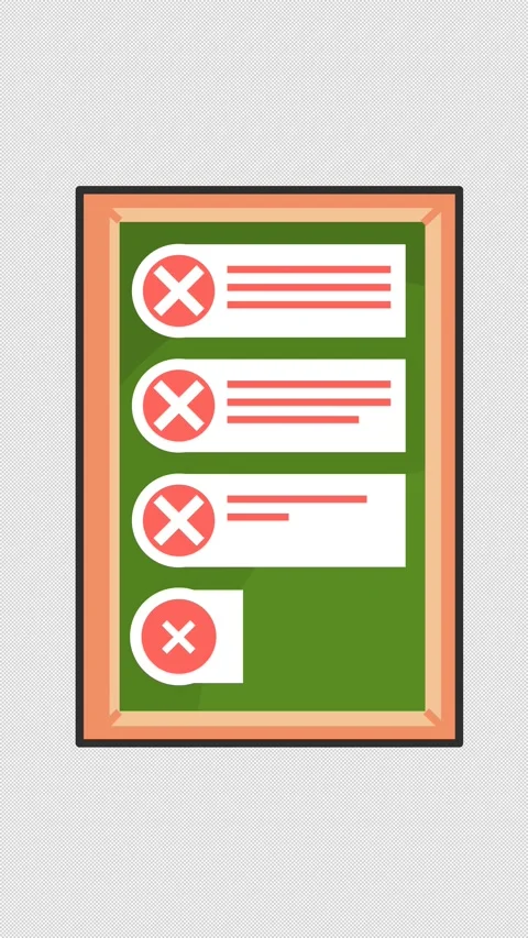 Rejected checkmark on task document checklist icon in a cartoon animation. Stock Footage 317114004