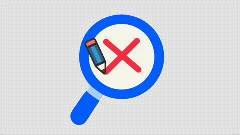 Rejected checkmark on task verification with magnifying glass icon in cartoon Stock Footage 313510128
