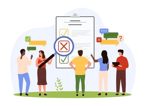 Rejected document, contract, tiny people holding magnifier to check red Illustrazione stock