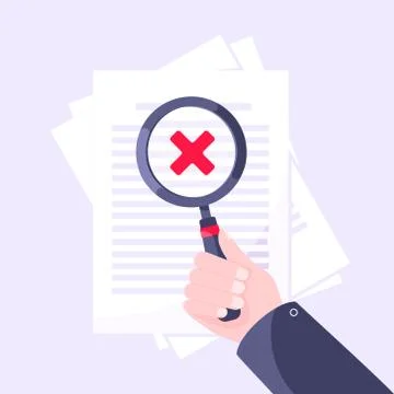 Rejected document verification concept with hand and magnifier. Stock Illustration