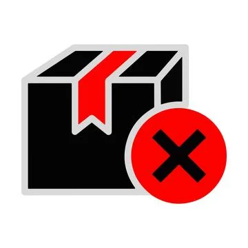 Rejected Package Icon. Stylized black box with a red X symbol representing Ilustración de archivo