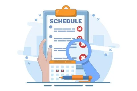 Rejected schedule concept. Schedule board with cross. 스톡 일러스트