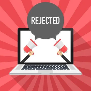 Rejected text on computer. Badge with megaphone icon. Flat vector illustratio Stock Illustration