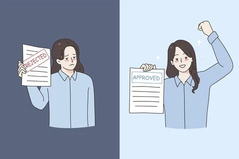 Rejection and approval in work concept. Young women workers standing with Stock Illustration