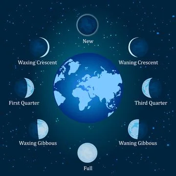 Relation of the phases of the moon with its revolution around earth. Illustrazione stock