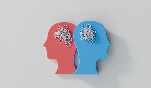 Relationship issues. two heads with complex tangled brain. 3D Rendering Stock Illustration