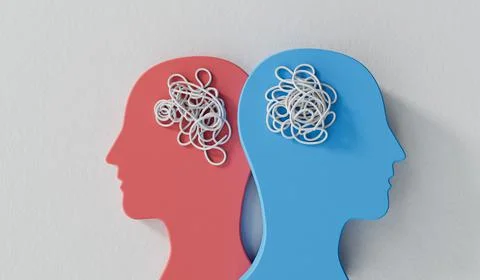 Relationship issues. two heads with complex tangled brain. 3D Rendering Stock Illustration