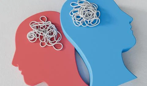 Relationship issues. two heads with complex tangled brain. 3D Rendering Stock Illustration