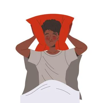 Relationship Problem with Man Covering His Ears with Pillow Sitting in Bed Stock Illustration
