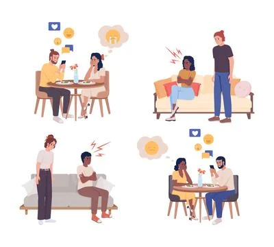 Relationship problem semi flat color vector characters set 스톡 일러스트