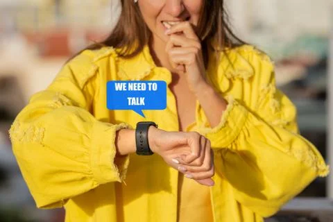 Relationship problems. Problems with parents. Young woman got a message that Stock Photos