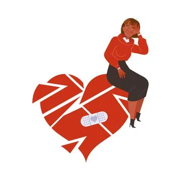 Relationship Problems with Woman Sitting on Broken Red Heart Suffering from Illustrazione stock