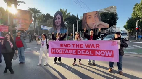 Relatives of hostages held by Hamas call for their release in Tel Aviv, Tel Aviv Video stock 297293476