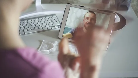 Relatives or friends talking using skype video call spbd covid19 outbreak self Stock Footage 127706060