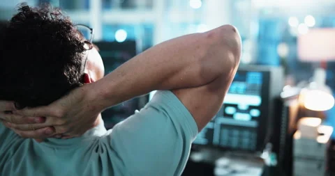 Relax, back and coding with person and computer for software developer Stock Footage 309054155