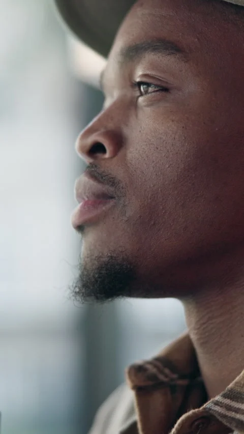 Relax, black man and thinking with coffee in cafe for reflection, process Stock Footage 336712927