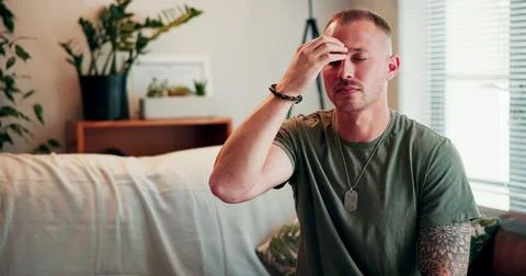 Relax, eft and breathing with man on sofa in home for ptsd treatment, menta.. Stock Photos