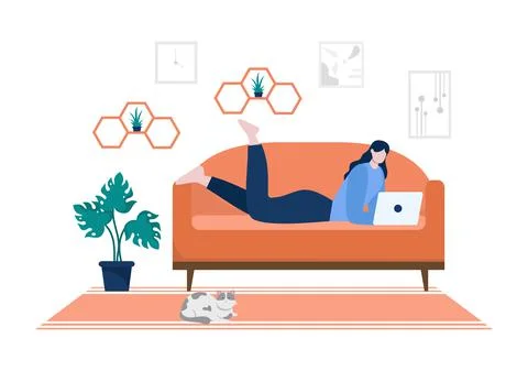 Relax at Home Vector Flat Illustration with People Sitting on the Sofa, Liste イラスト素材