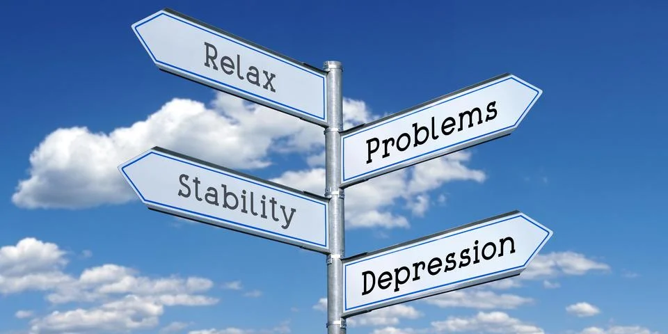Relax, problems, stability, depression - metal signpost with four arrows イラスト素材
