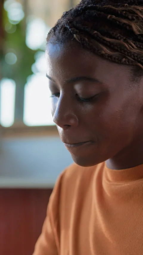Relax, smile and thinking with black woman in coffee shop for beverage Stock Footage 342324964