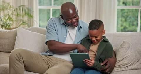 Relax, tablet and dad with child on sofa for bonding with online game, internet Stock Footage 341457478