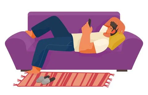 Relax time, young man using phone lying on sofa or couch at home, guy relaxing Stock Illustration
