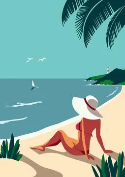 Relax on tropical seaside sand beach vector poster Stock Illustration