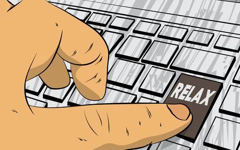 Relax word on computer keyboard. Man push keypad on laptop. Comic book style  Illustrazione stock
