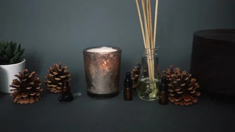 Relaxation background with essential oil diffuser candles and air perfumes Video stock 133121647