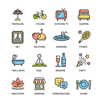 Relaxation Rest Time Color Thin Line Icon Set. Vector Stock Illustration