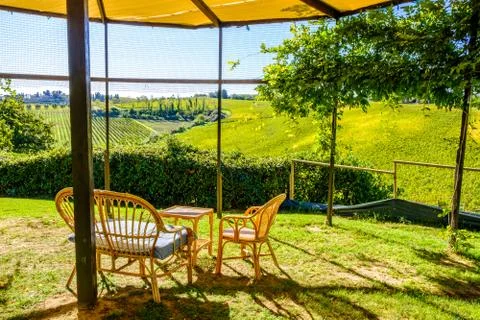 Relaxation sitting area with nice view in Tuscany, Italy Stock Photos