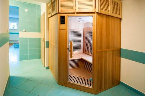 Relaxation zone with sauna from outside Stock Photos