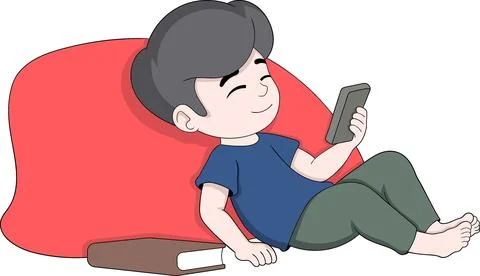 Relaxed Boy Using Smartphone Instead of Studying Illustration Stock Illustration