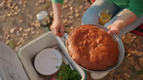 Relaxed camping meal featuring cake and fall scenery. Casual outdoor celebration Stock Footage 345157685