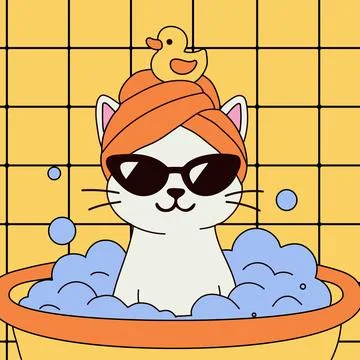 Relaxed Cat Soaking in Bubble Bath Art Illustrazione stock