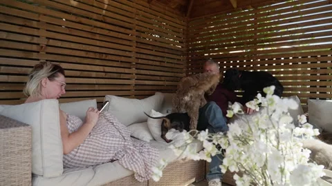Relaxed Couple Enjoying Quiet Time With Dogs Under Garden Gazebo 库存影片 337375459