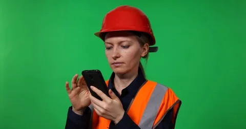 Relaxed Engineer Woman Work Using Smartphone App Social Networking Green Screen Stock Footage 78795977