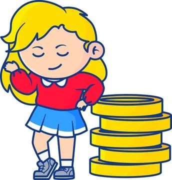Relaxed Girl Leaning on a Large Stack of Gold Coins Stock Illustration