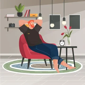 Relaxed guy sitting and chilling on armchair. Person resting at home thinking Stock Illustration