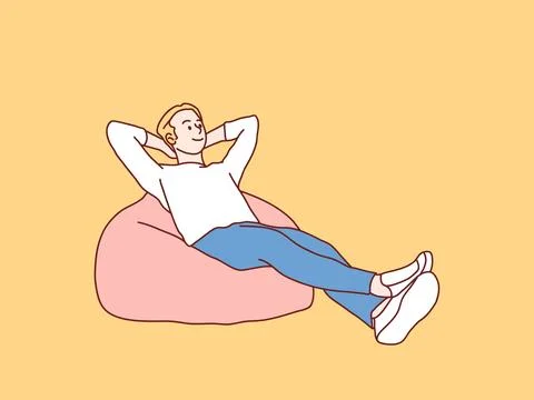 Relaxed joyfull young man lean on beanbag simple korean style illustration Stock Illustration
