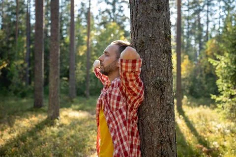 Relaxed man leans on pine tree meditating standing in forest resting with closed Stock Photos