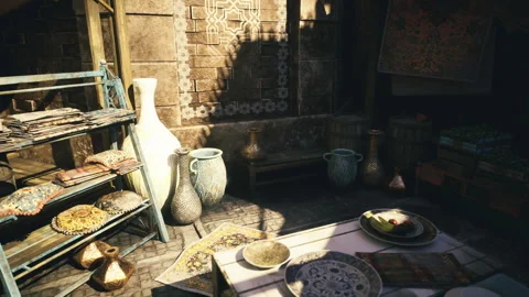 Relaxed trading area displaying handcrafted spice jars on wooden shelves Stock Footage 340665996