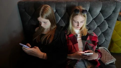 Relaxed two young girls using smartphone surfing social media sitting on sofa Stock Footage 201423190