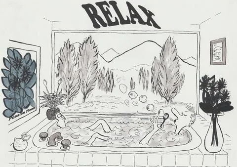 Relaxing Bath Scene with Man in Hot Tub by Large Nature Window in Day Illustrazione stock
