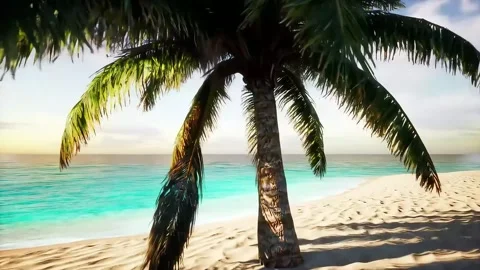 Relaxing Beach Scene with Palm Tree and Tropical Ocean Stock Footage 313324248